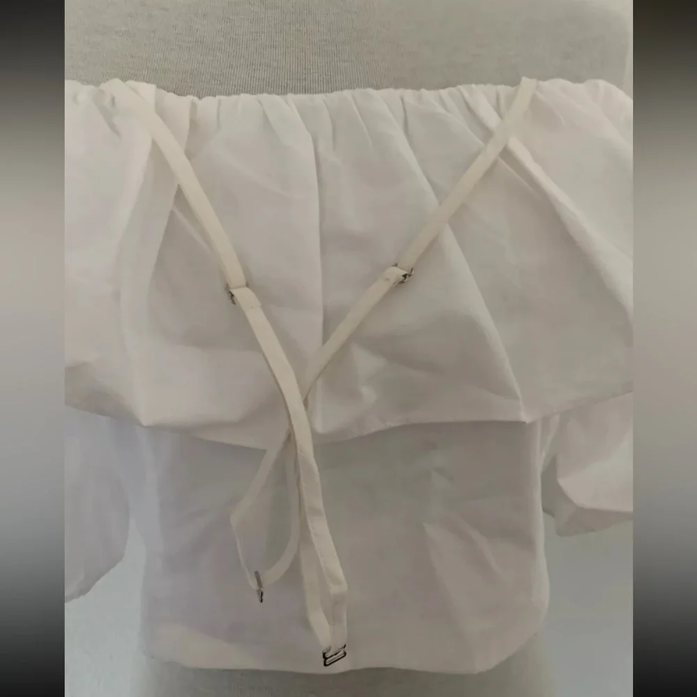 ZARA Womens Junior Girls Size L White Cropped Top Blouse Short Ruffle Sleeve - Picture 10 of 16